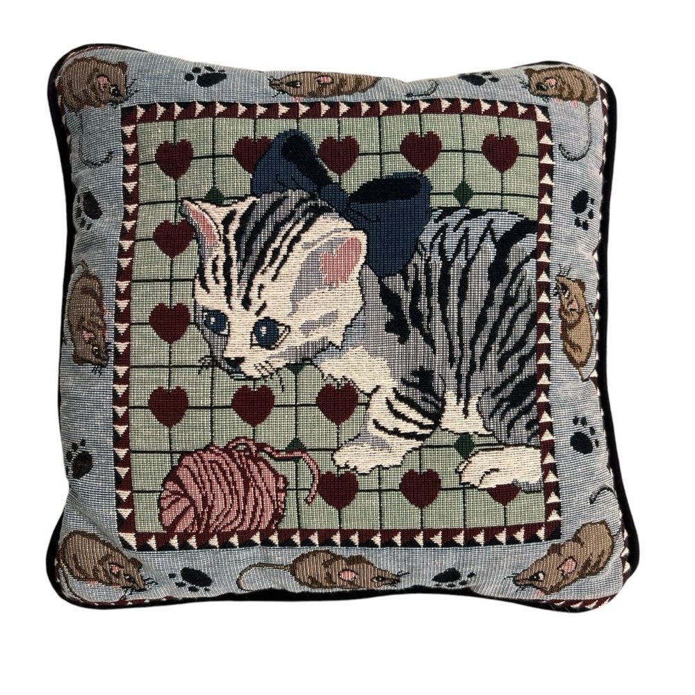 Kitty Cat & Mouse Yarn Tapestry Square Pillow 12 Inches Blue Cat Lover
